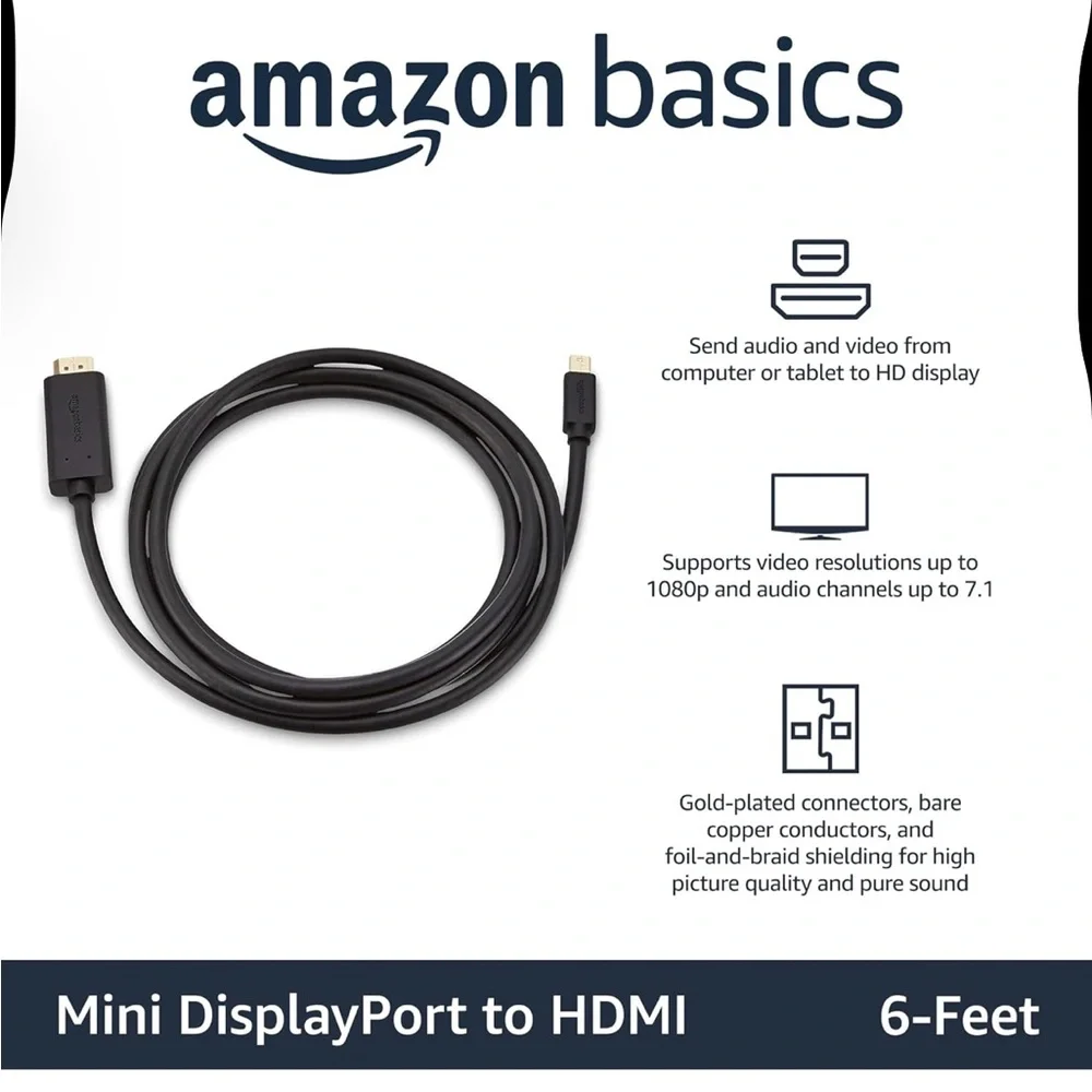 Amazon Basics Mini DisplayPort Male to HDMI Male Cable, 1080p, Gold-Plated Plugs